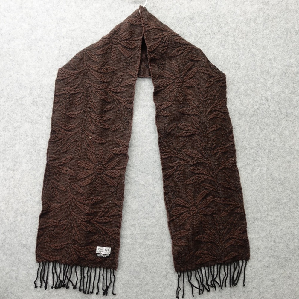 Brown Merino Wool Scarf Textured Leaf Italian Winter Fringe CRISTINA CHITI 10x64